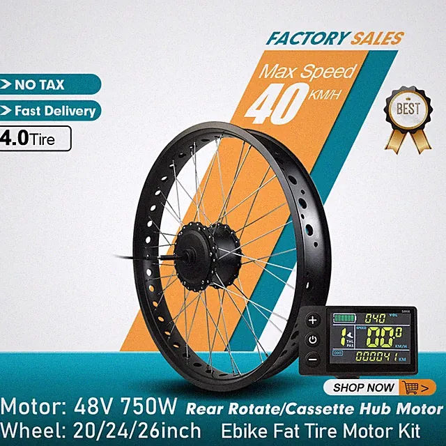 48V 750W Snow E-Bike Conversion Kit 4.0in Fat Tire 20 24 26inch Wheel Hub Motor