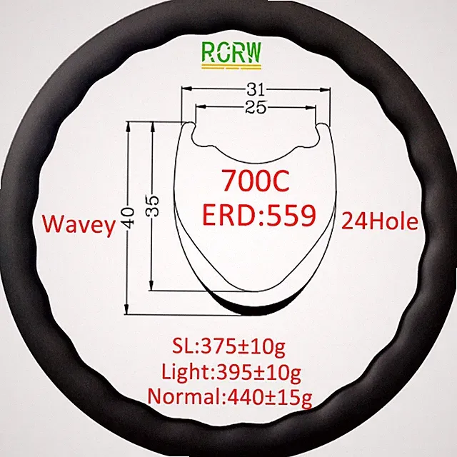 Light 700C Carbon Fiber Road Bicycle Waved Rim Disc Brake UD Wheel 24 Holes
