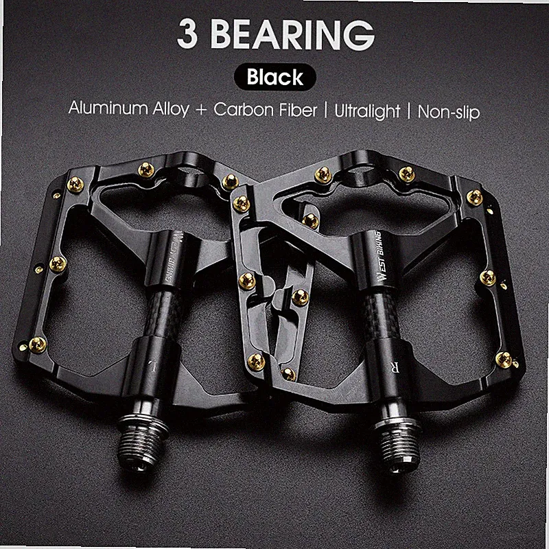 WEST BIKING Bike Pedals Carbon Fiber Axle 3 Bearing Bicycle Pedals Black a Pair